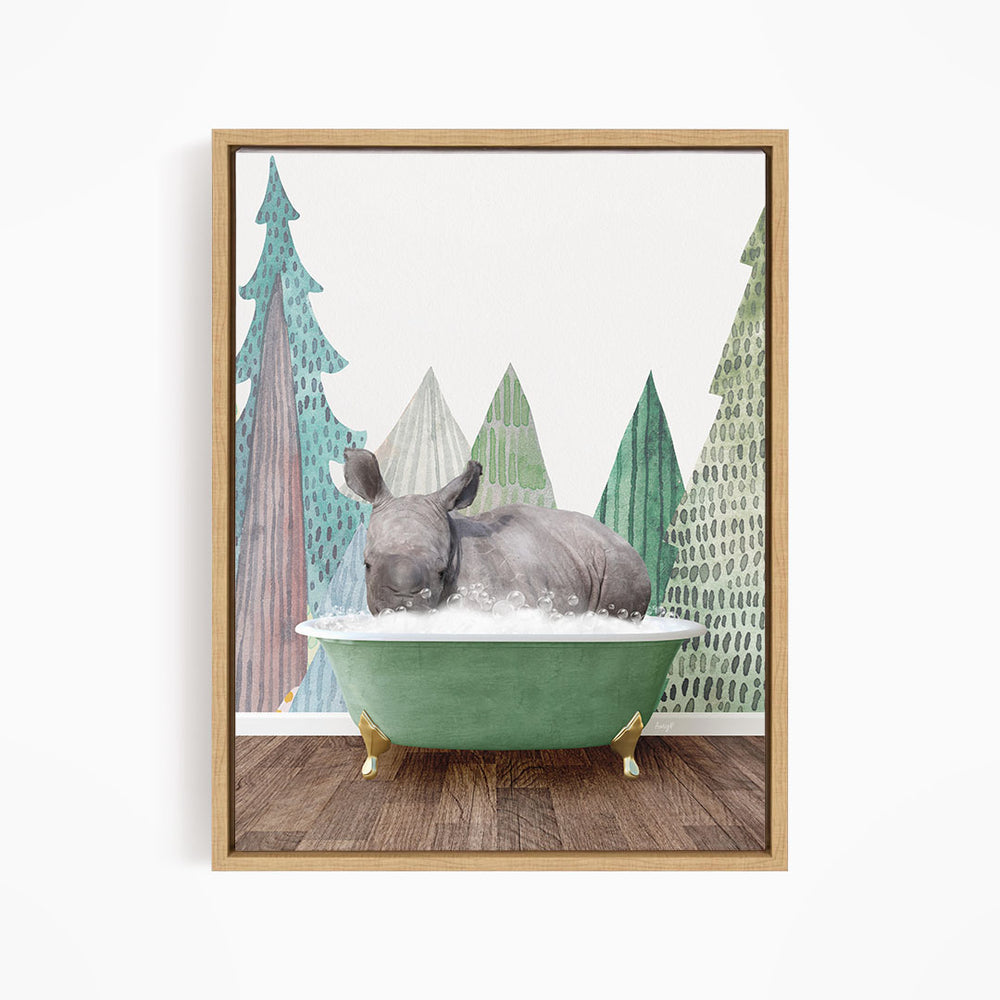 A gray rhinoceros is sitting in a green bathtub, surrounded by a forest scene with trees and a snowy landscape.