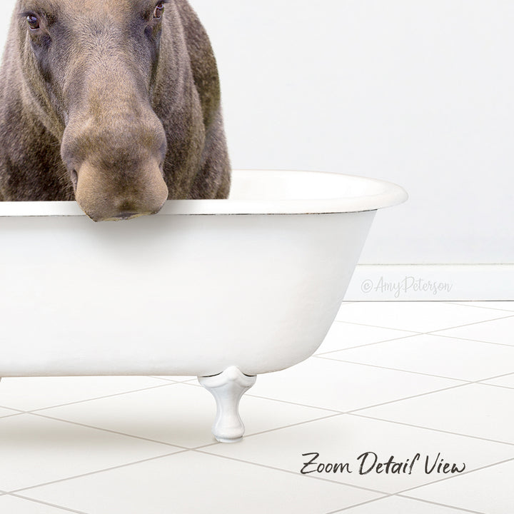 A brown dog is sitting in a white bathtub, looking directly at the camera.