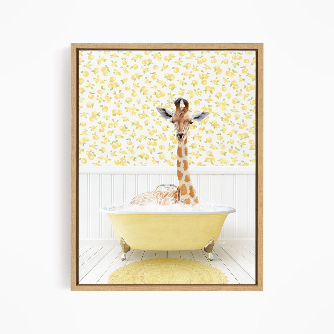 A giraffe is sitting in a yellow bathtub filled with water, surrounded by a yellow floral pattern on the wall behind it.