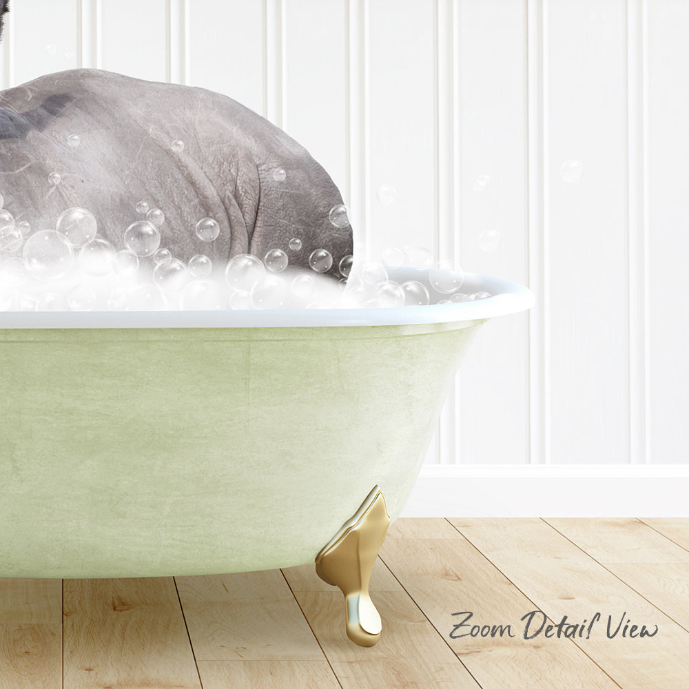 A large, green bathtub filled with soapy water, with a small animal, possibly a dog, sitting inside and enjoying a bath.