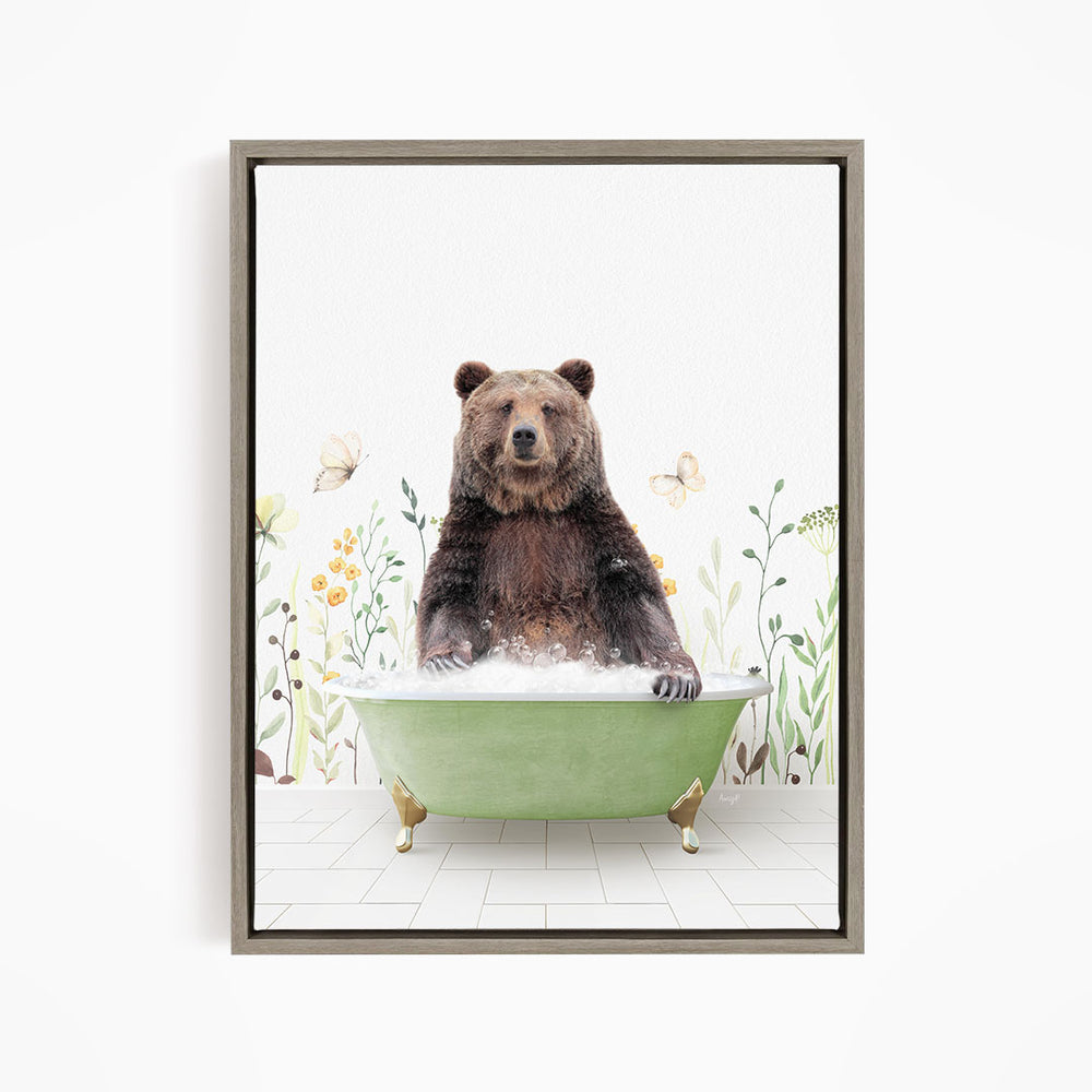 A brown bear sitting in a green bathtub filled with bubbles, surrounded by flowers and butterflies.