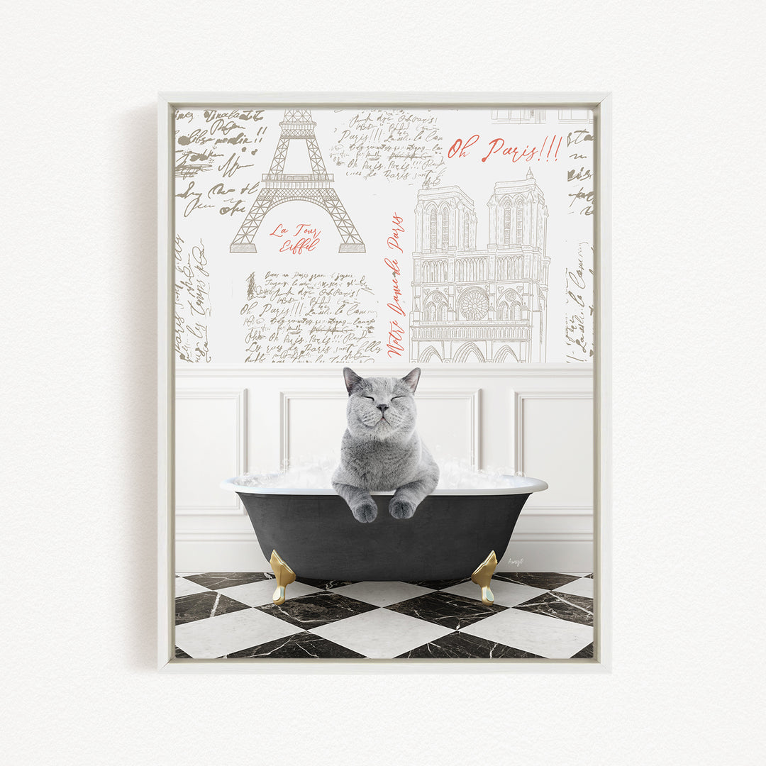 A gray cat sitting in a bathtub filled with bubbles, with a Paris-themed background featuring the Eiffel Tower and other Parisian landmarks.