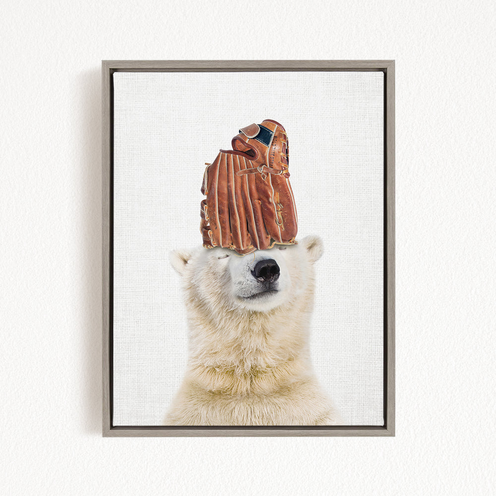 A polar bear wearing a baseball glove on its head, creating a humorous and whimsical scene.