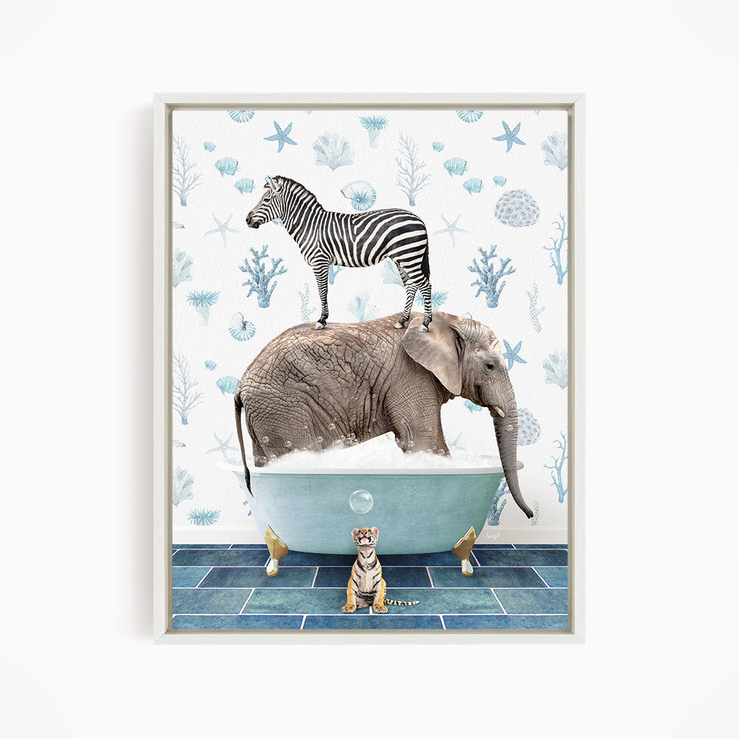 A zebra stands on the back of an elephant, which is submerged in a bathtub, with a tiger sitting on the edge of the tub.