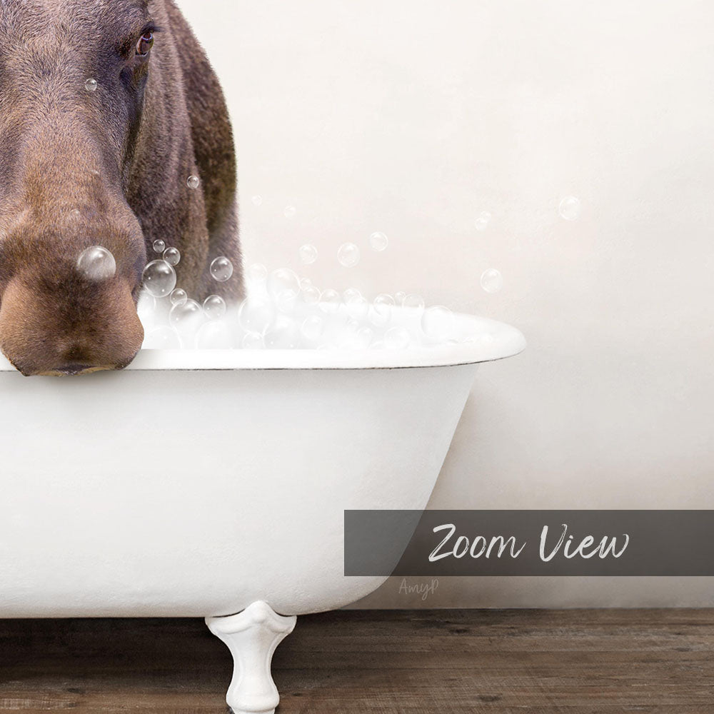 A dog is standing in a white bathtub filled with bubbles, with the text "Zoom View" displayed below the image.