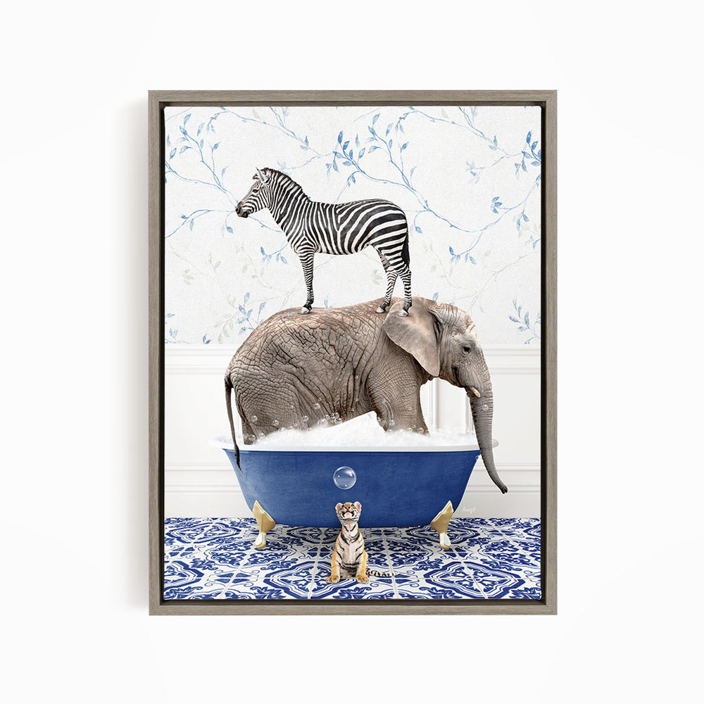 A zebra stands on the back of an elephant, which is submerged in a blue bathtub, with a tiger sitting on the edge of the tub.