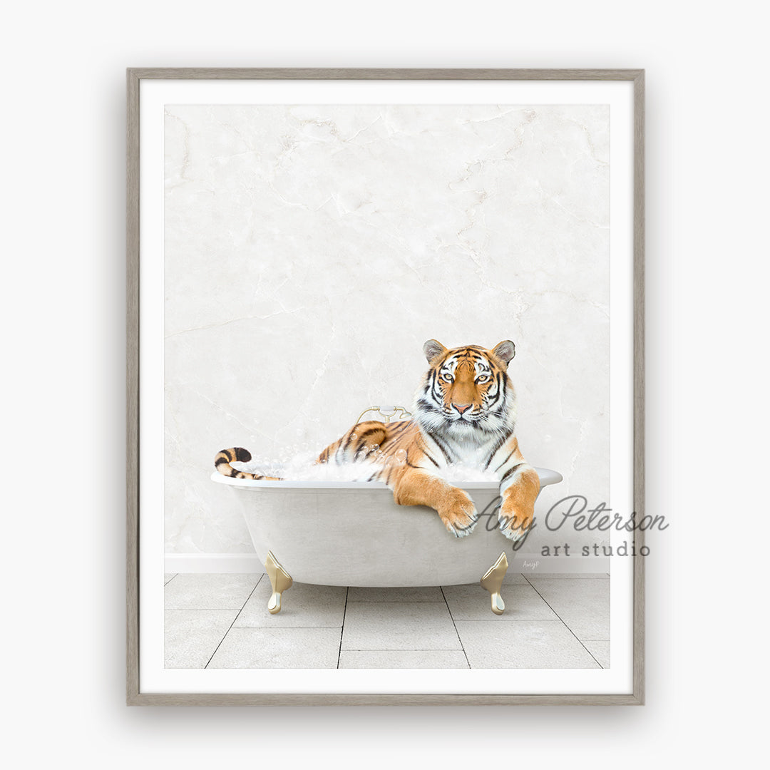 a picture of a tiger sitting in a bathtub