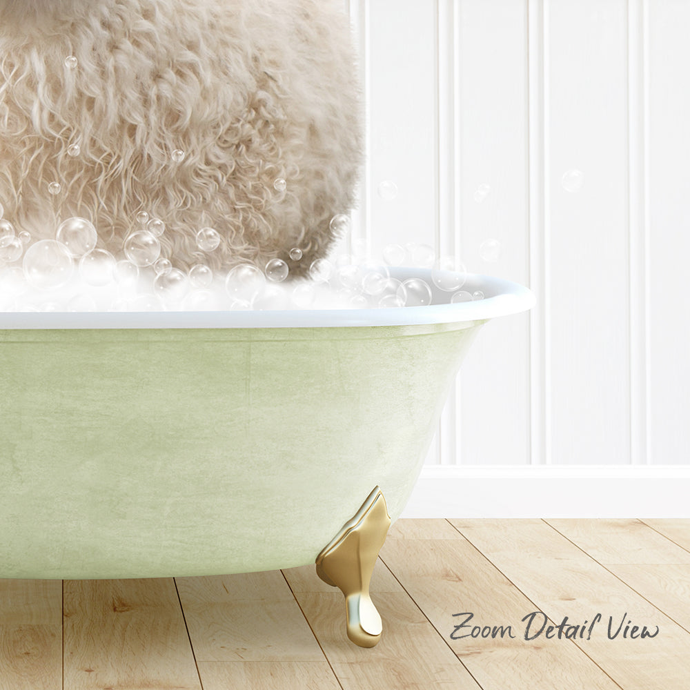 A fluffy white dog is taking a bath in a green bathtub, surrounded by bubbles, with a wooden floor and white walls in the background.