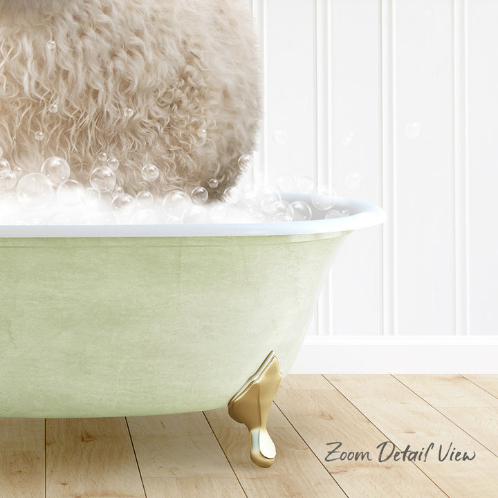 A fluffy white dog is taking a bath in a green bathtub, surrounded by bubbles, with a wooden floor and white walls in the background.