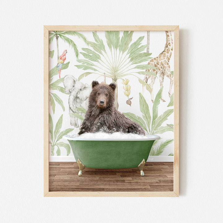 a brown bear sitting in a green bath tub