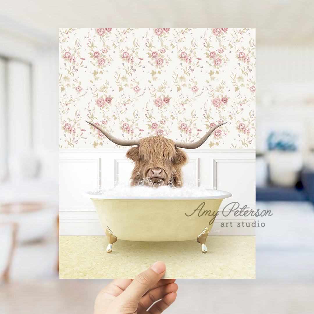 a person holding up a card with a picture of a bull in a bathtub