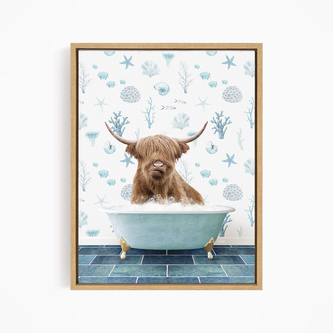 A brown cow with long horns is sitting in a blue bathtub filled with water, surrounded by a pattern of blue and white seashells and starfish.