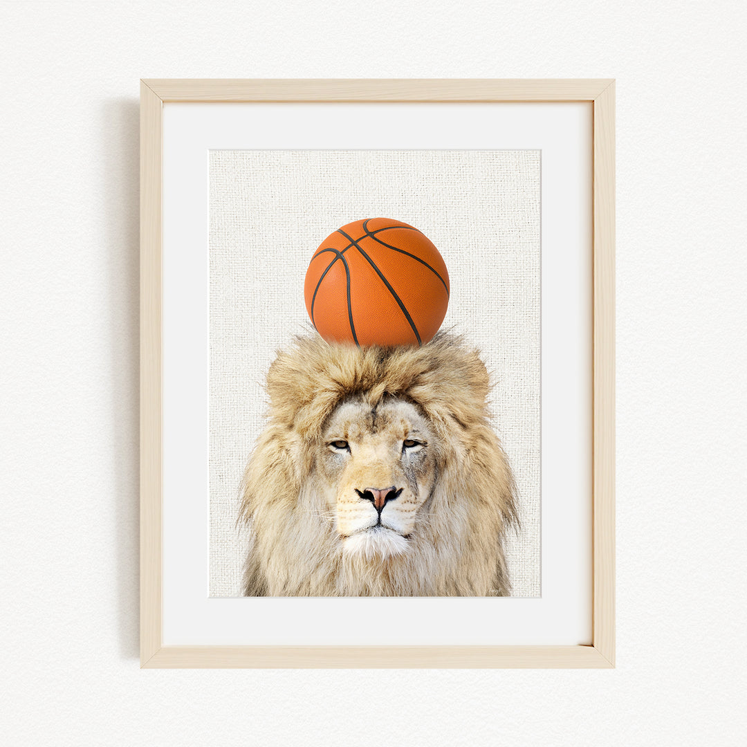 A framed image of a lion with a basketball on its head.