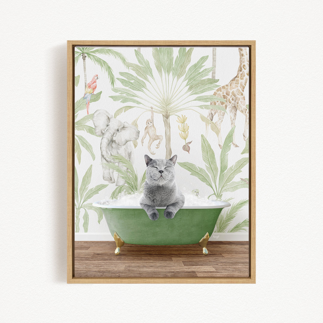 A gray cat sitting in a green bathtub, surrounded by various animals and plants, creating a whimsical and playful scene.