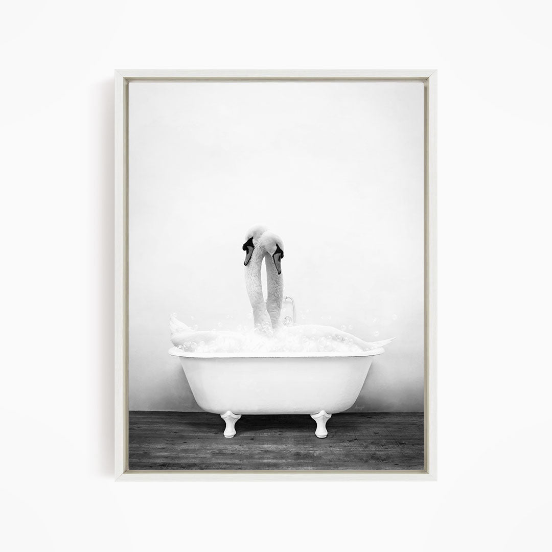 A black and white photograph of a person standing in a bathtub filled with water, with their feet submerged in the tub.