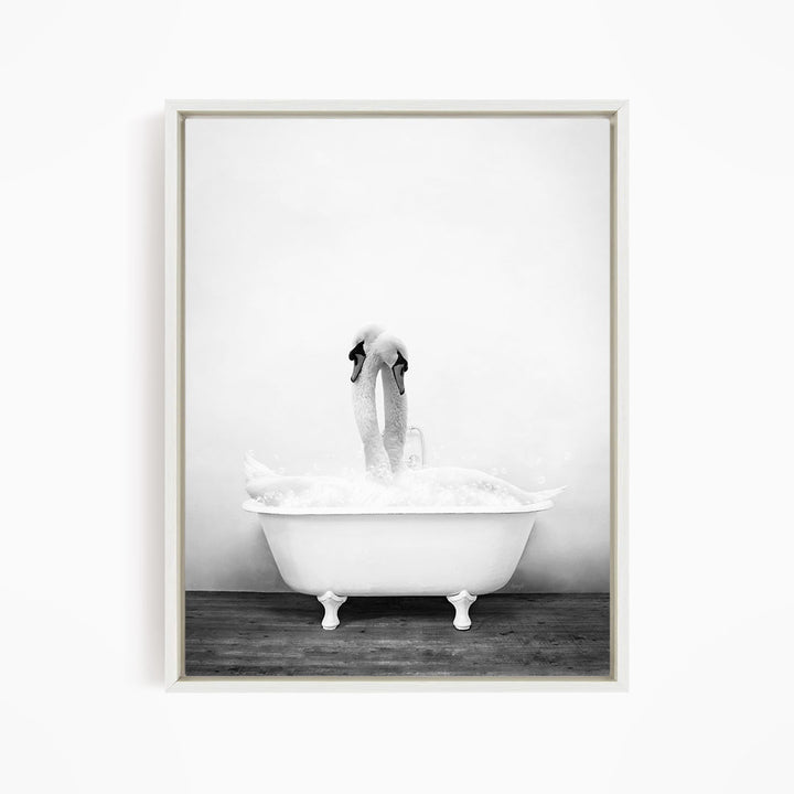 A black and white photograph of a person standing in a bathtub filled with water, with their feet submerged in the tub.