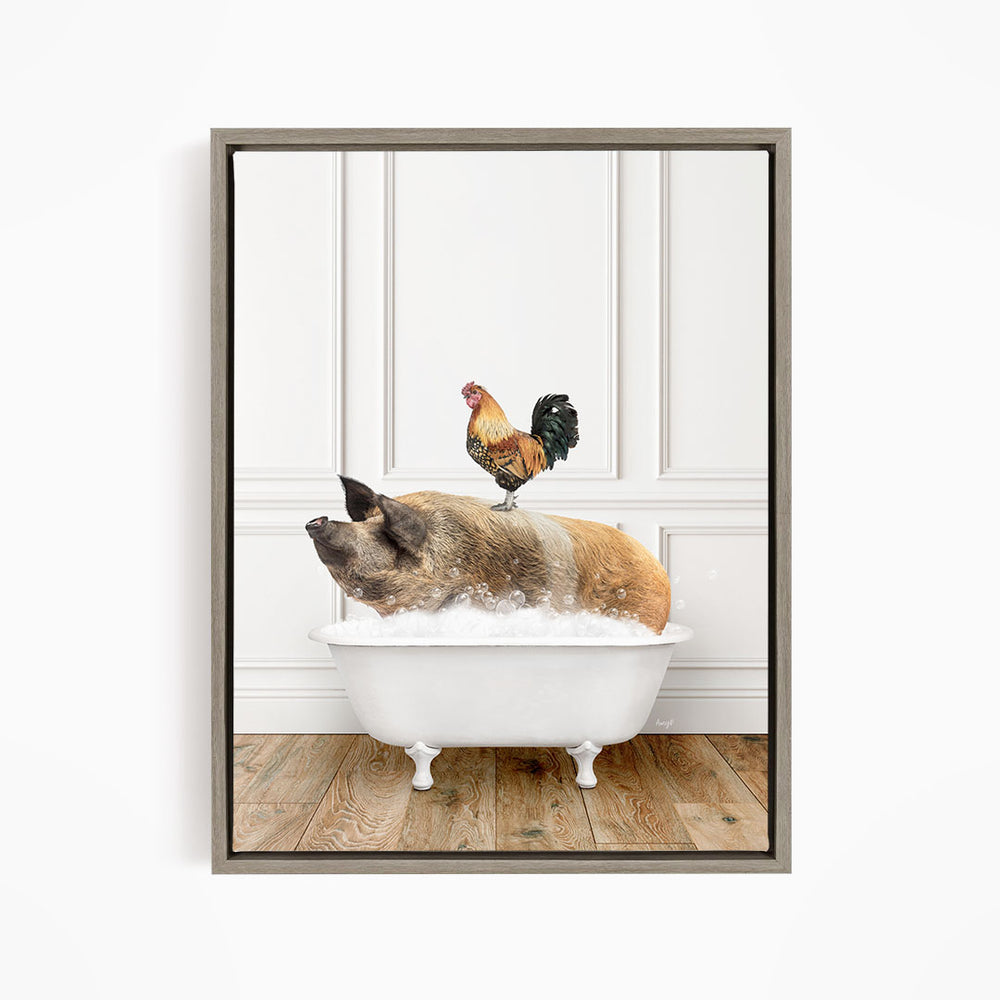 A rooster sits atop a pig in a white bathtub, creating a whimsical and humorous scene.