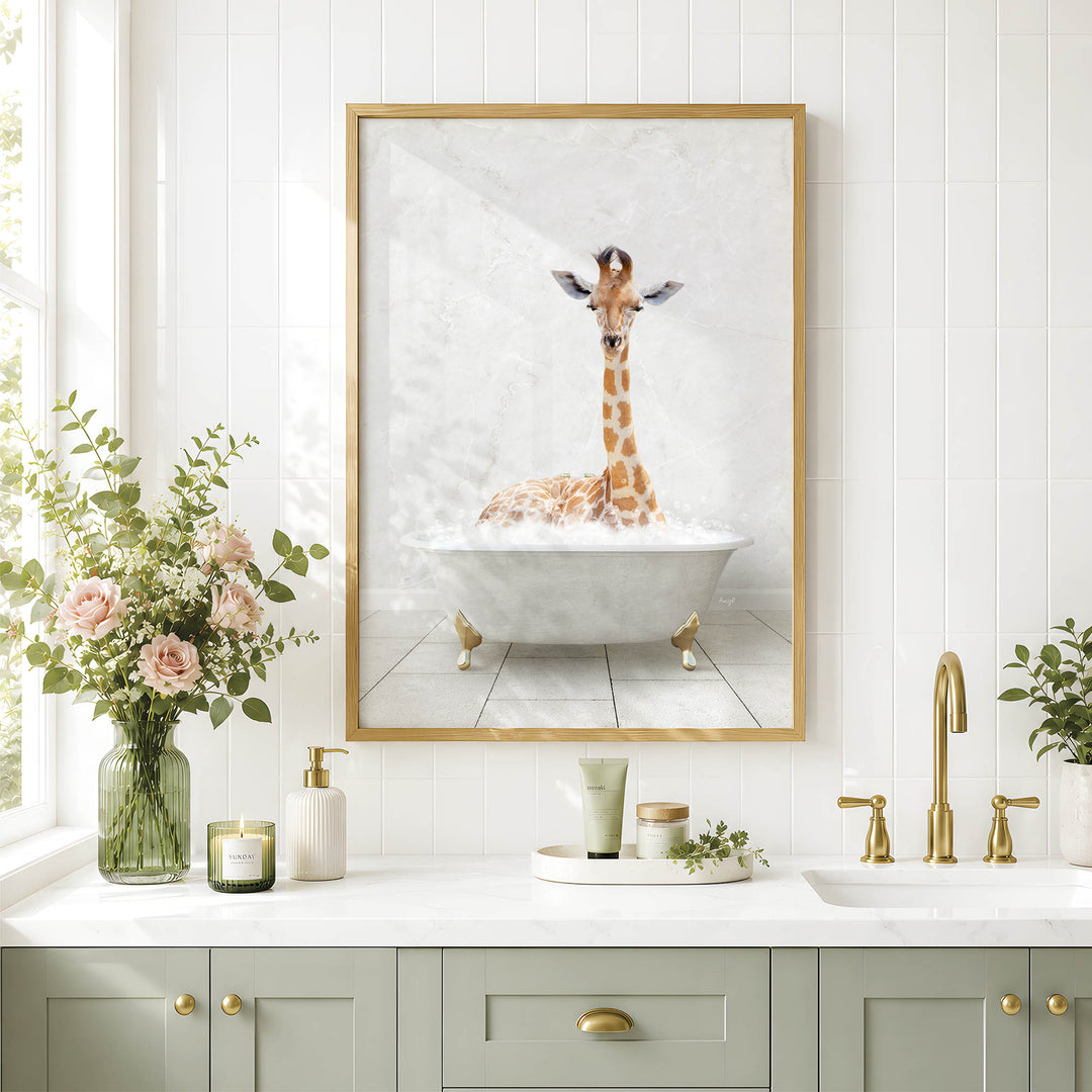 a giraffe sitting in a bathtub, surrounded by flowers and candles, creating a whimsical and charming scene.