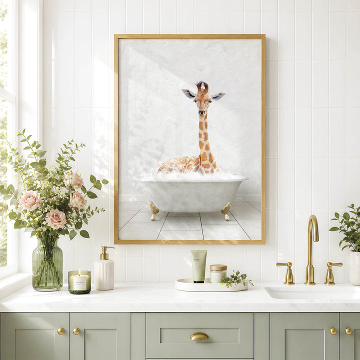 a giraffe sitting in a bathtub, surrounded by flowers and candles, creating a whimsical and charming scene.