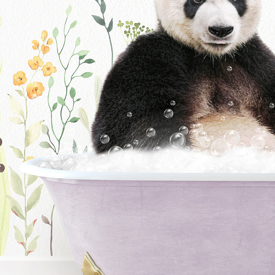 a panda bear sitting in a bathtub with bubbles