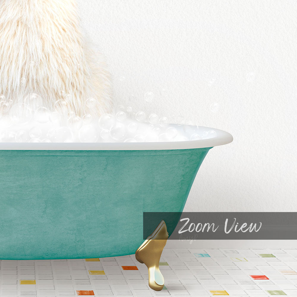 A fluffy white dog is sitting in a green bathtub filled with bubbles, with a gold bathtub leg visible on the floor.