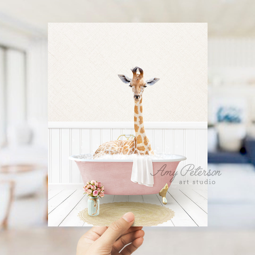 a giraffe is sitting in a bathtub with flowers