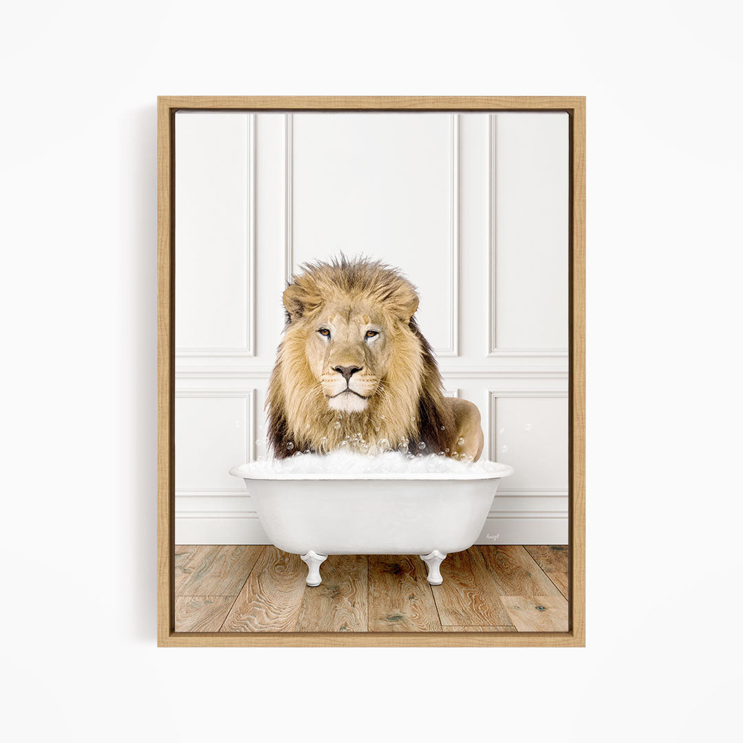 A lion sitting in a white bathtub filled with water, looking directly at the camera.