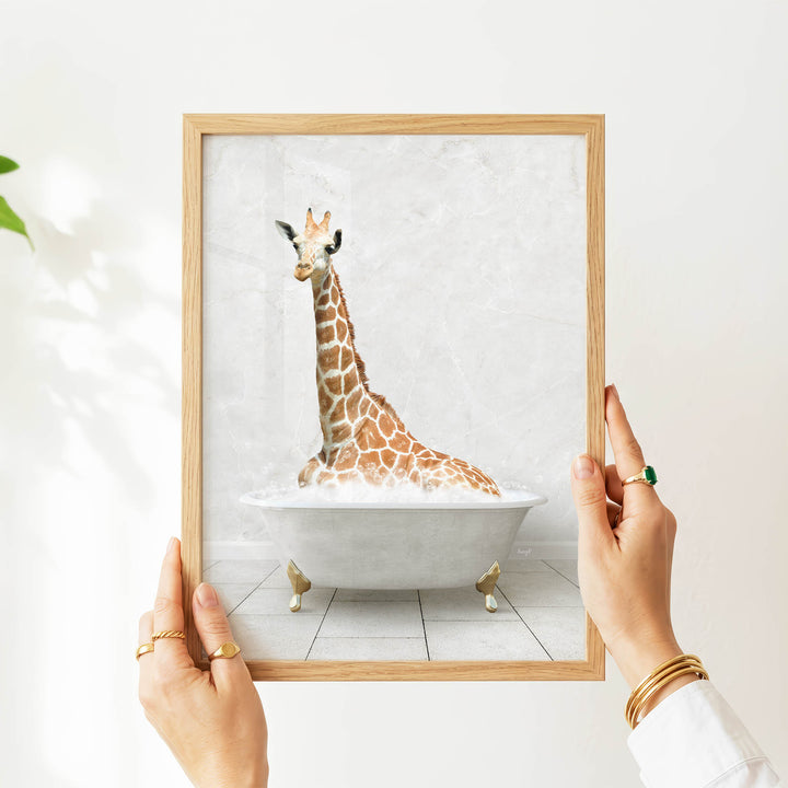 A person's hands are holding a framed picture of a giraffe sitting in a bathtub.