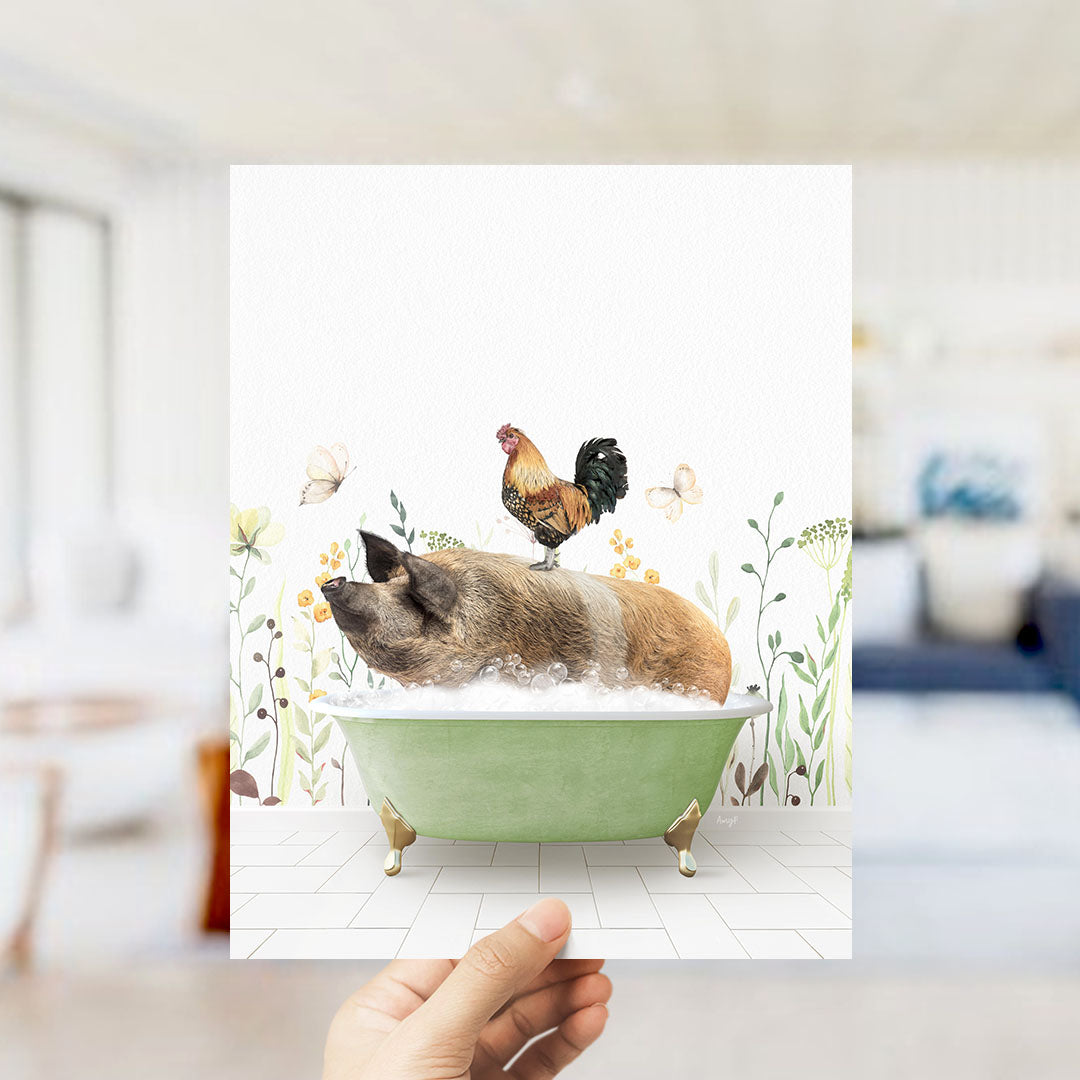 A hand holds up a collage of images depicting a pig sitting in a bathtub, with a rooster perched on its back.