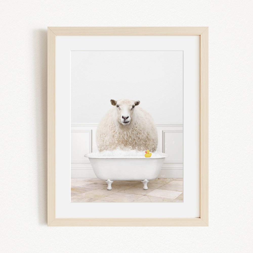 A fluffy white sheep sits in a white bathtub, with a yellow rubber duck floating in the water.