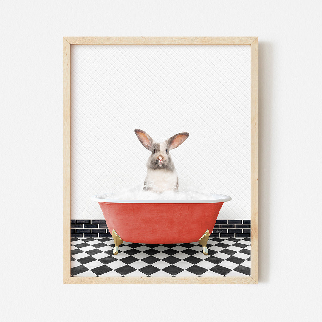 a rabbit sitting in a bathtub with a black and white checkered floor