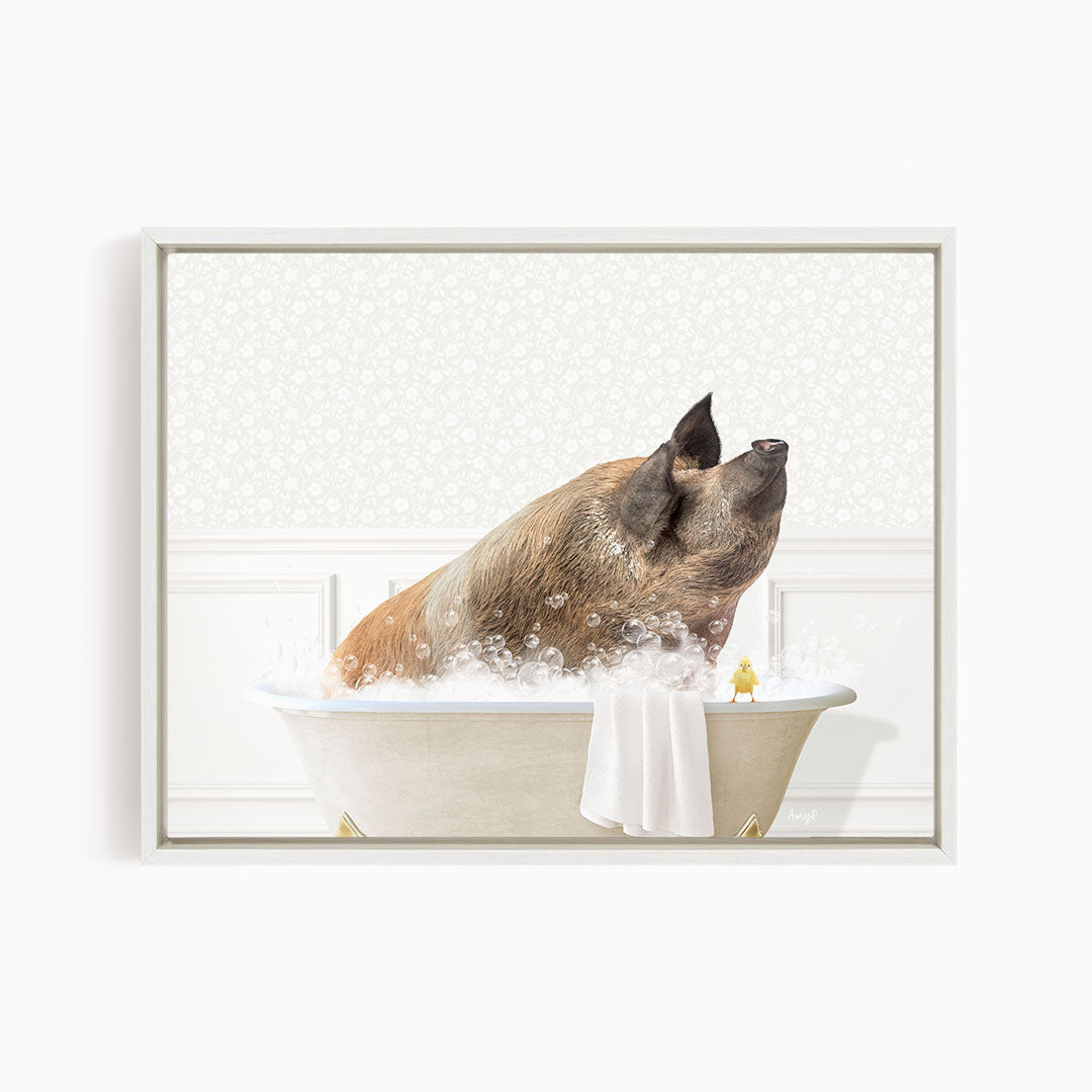 A pig sitting in a bathtub filled with bubbles, with a yellow bird perched on the edge of the tub.