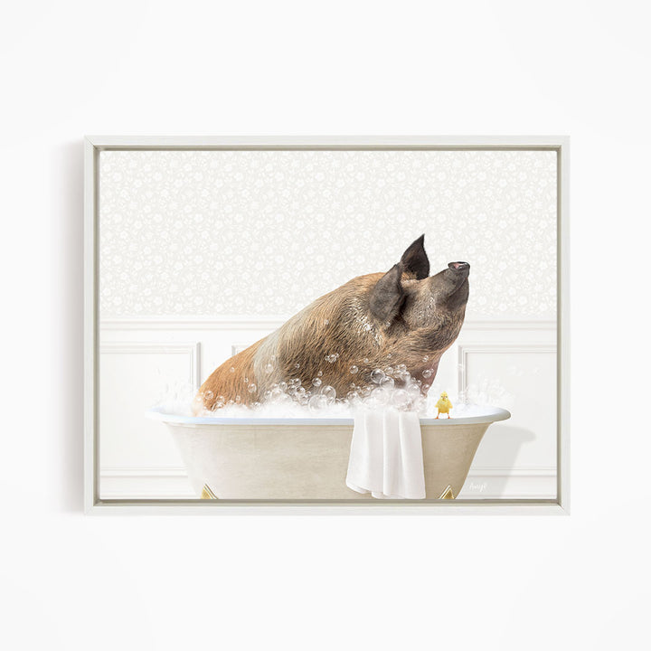 A pig sitting in a bathtub filled with bubbles, with a yellow bird perched on the edge of the tub.
