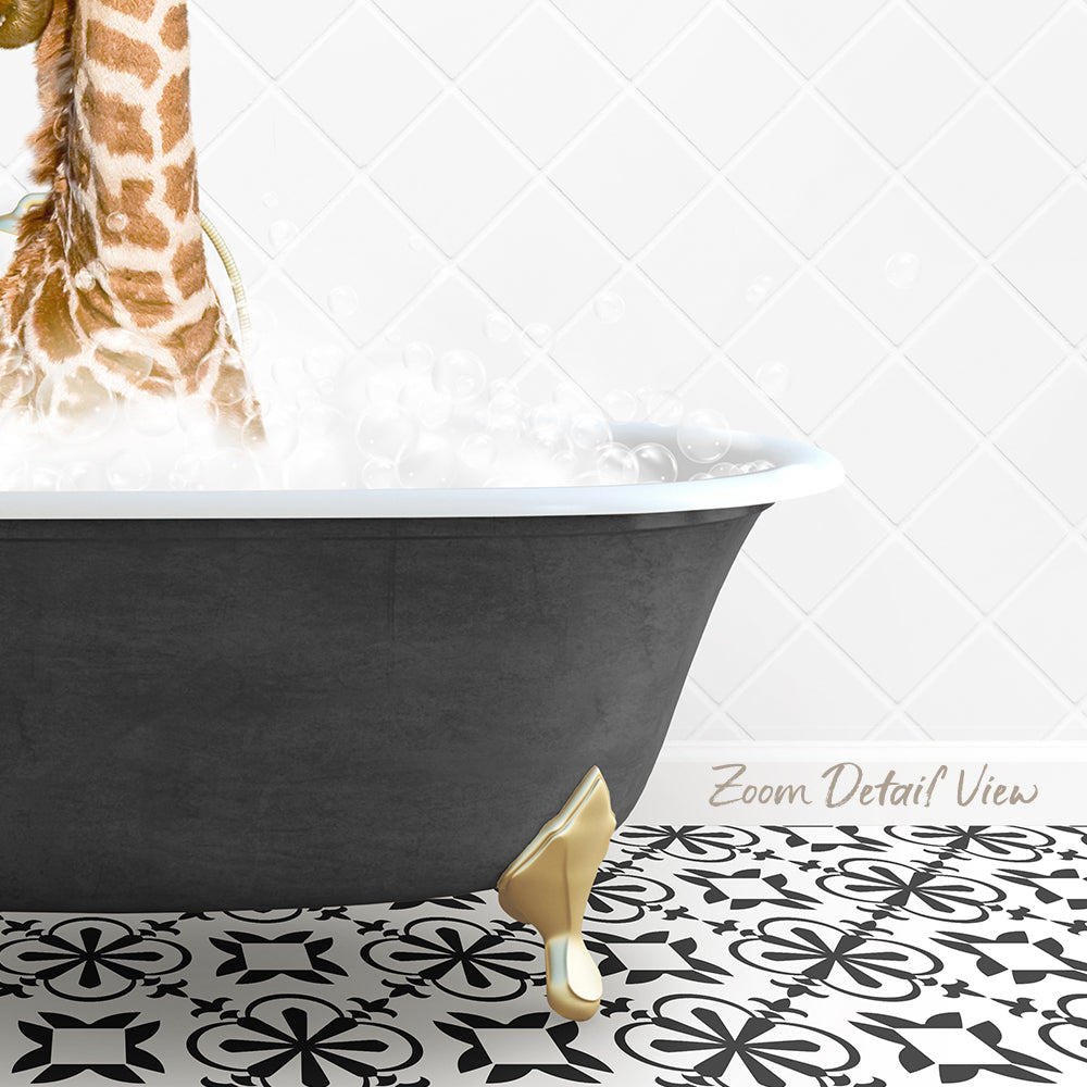 A giraffe standing in a bathtub filled with bubbles, with a patterned tile floor in the foreground.