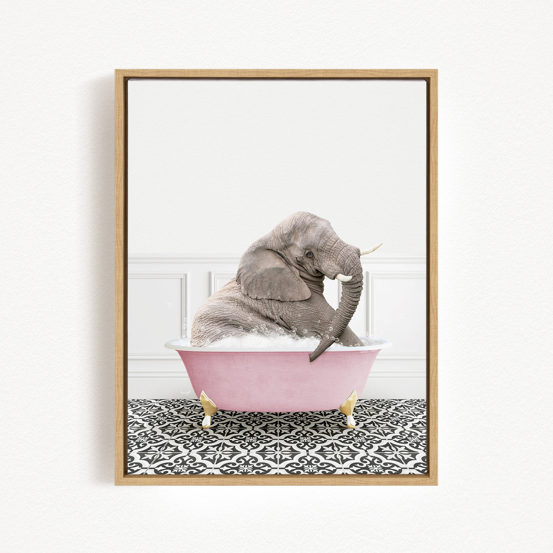 A gray elephant sitting in a pink bathtub filled with water, surrounded by a black and white patterned floor.