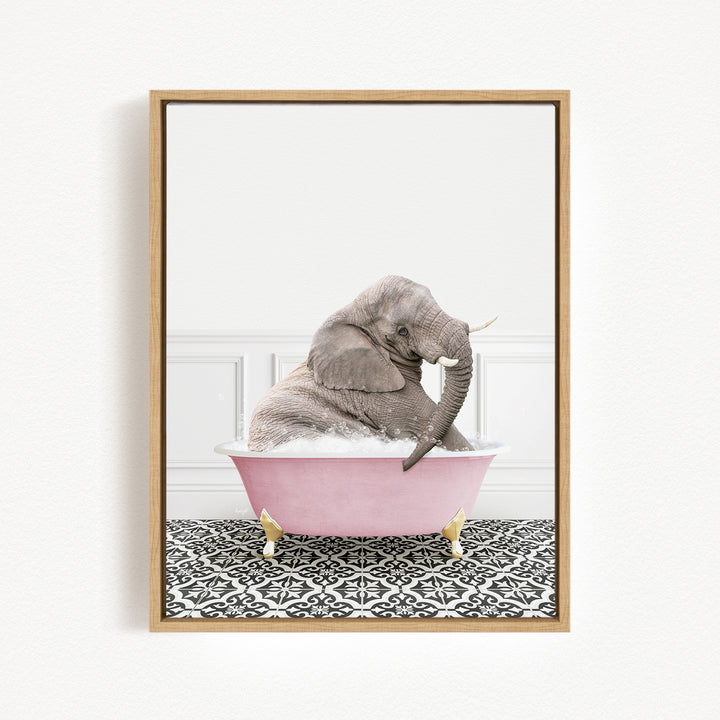 A gray elephant sitting in a pink bathtub filled with water, surrounded by a black and white patterned floor.