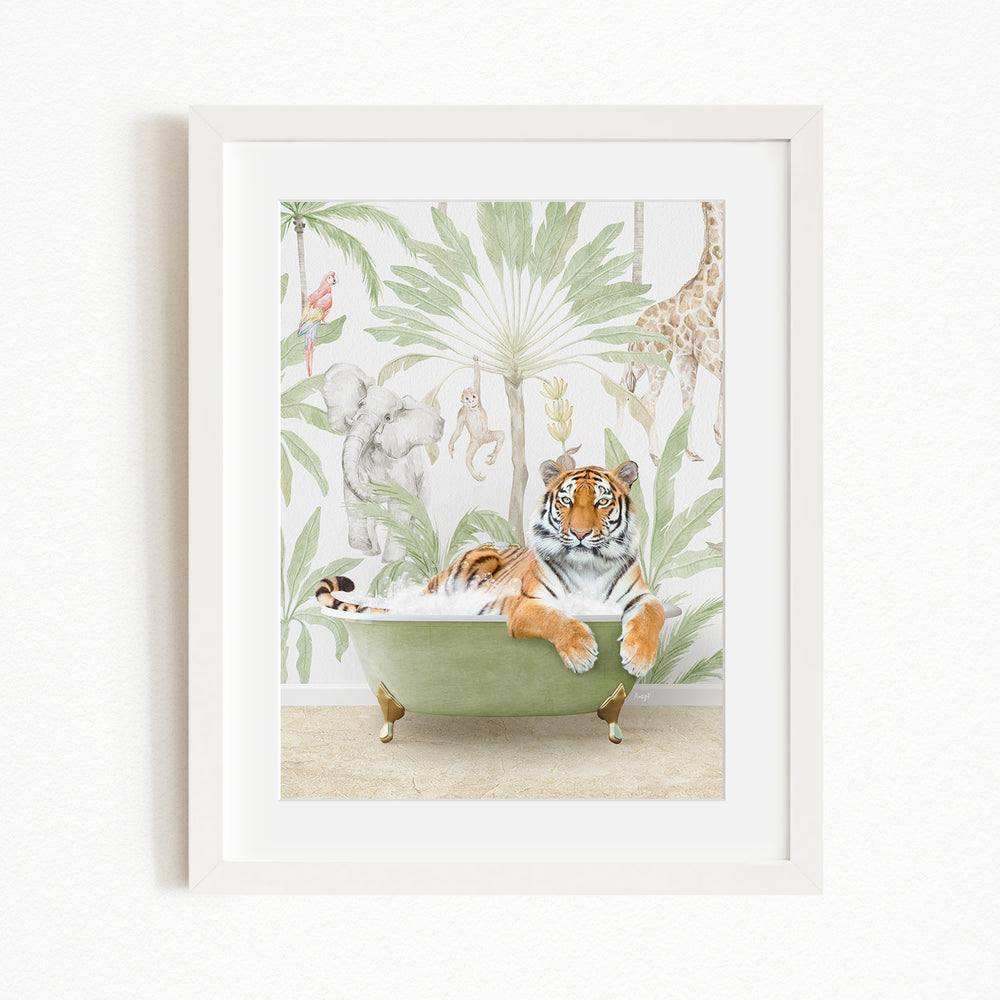 A tiger is sitting in a green bathtub, surrounded by tropical foliage and other animals, creating a whimsical and playful scene.