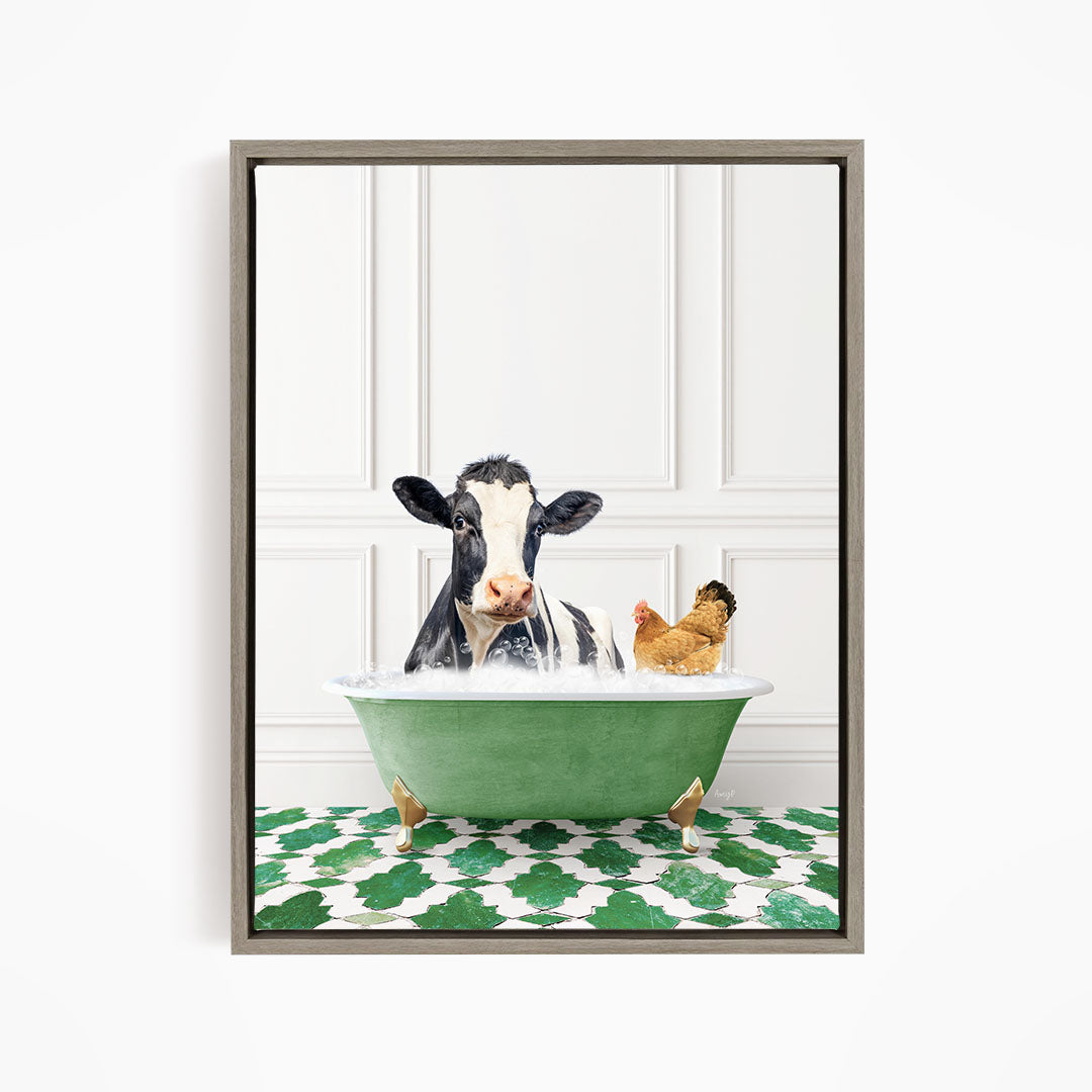 A black and white cow is sitting in a green bathtub, with a chicken standing nearby, both appearing to enjoy a relaxing bath together.