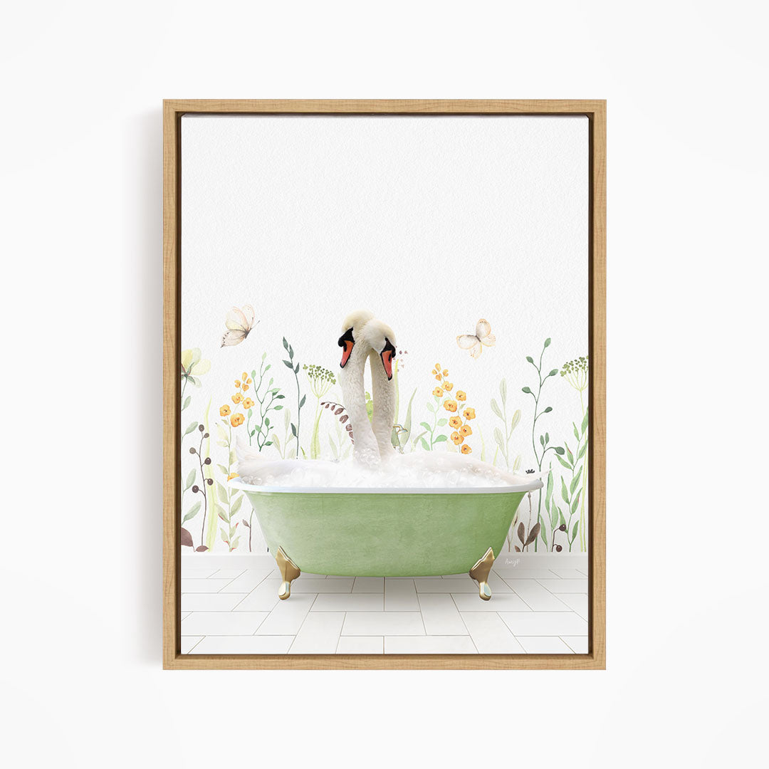 A swan sitting in a green bathtub surrounded by flowers and butterflies.