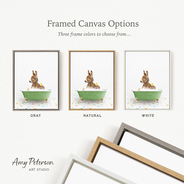 three framed canvas options featuring a brown donkey sitting in a green bathtub, with three different frame colors to choose from: gray, natural, and white.