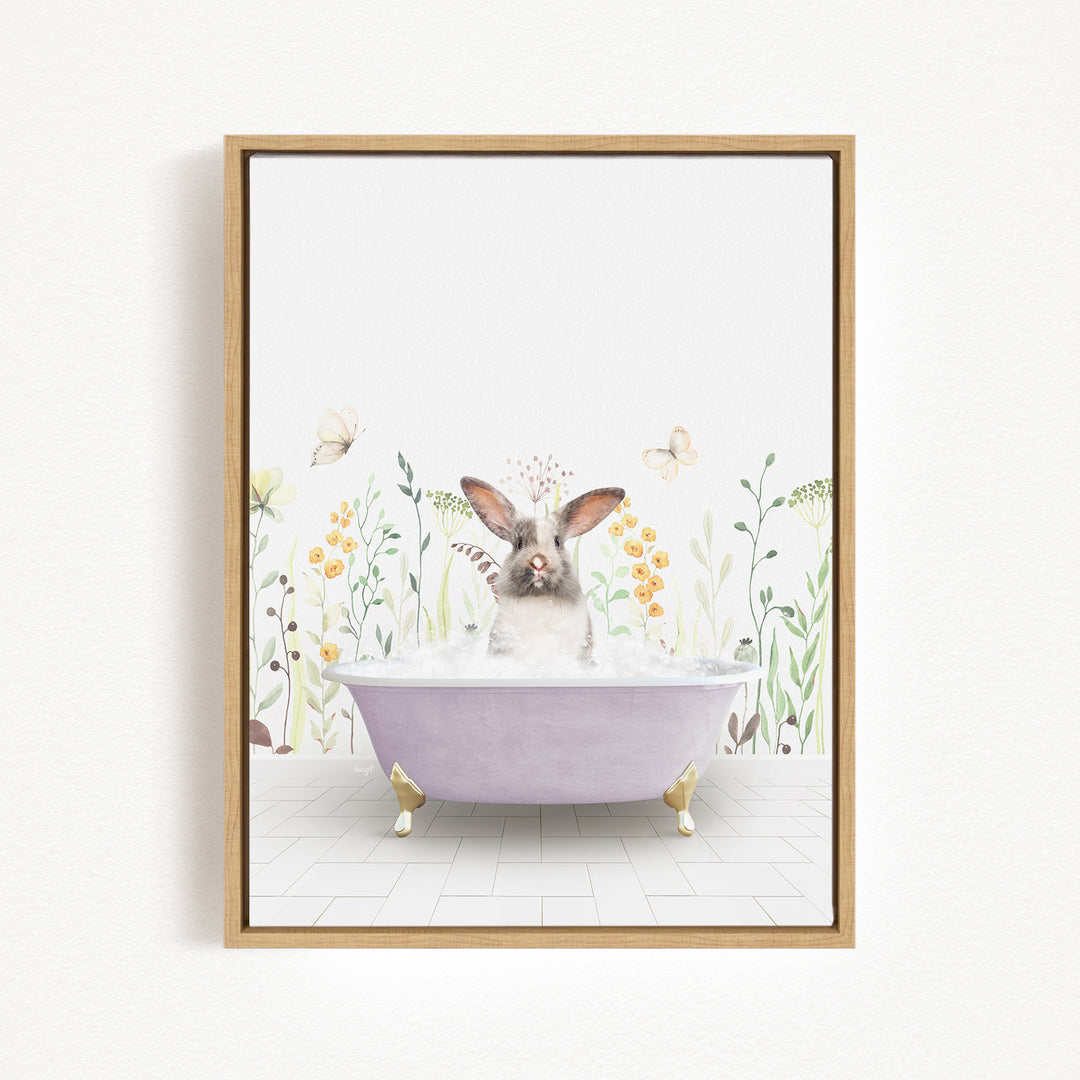 A cute rabbit sitting in a purple bathtub surrounded by flowers and butterflies.