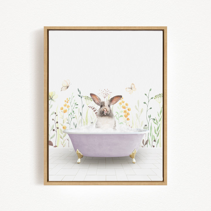 A cute rabbit sitting in a purple bathtub surrounded by flowers and butterflies.