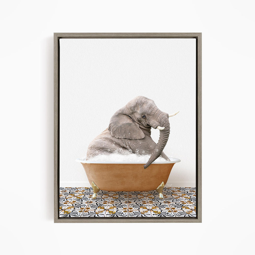 A gray elephant sitting in a brown bathtub filled with water, surrounded by a patterned tile floor.