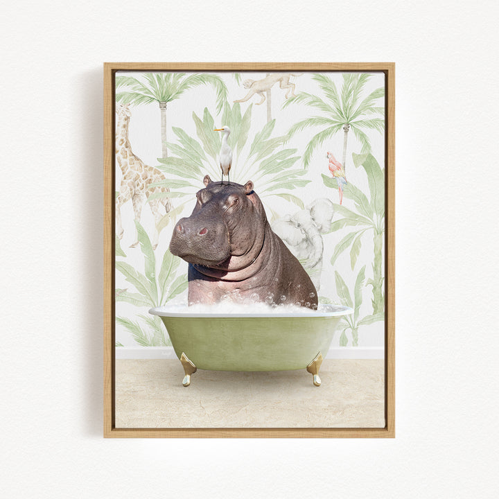 A hippopotamus sitting in a green bathtub, surrounded by tropical foliage and animals, creating a whimsical and playful scene.