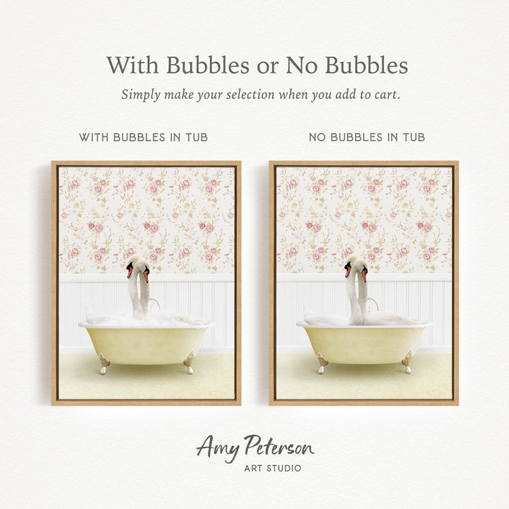 The image is a collage of two framed pictures, each depicting a dog sitting in a bathtub. The first picture shows a dog sitting in a tub with bubbles, while the second picture shows a dog sitting in a tub without bubbles. The text above the images reads "With Bubbles or No Bubbles" and below the images, it says "Simply make your selection when you add to cart."