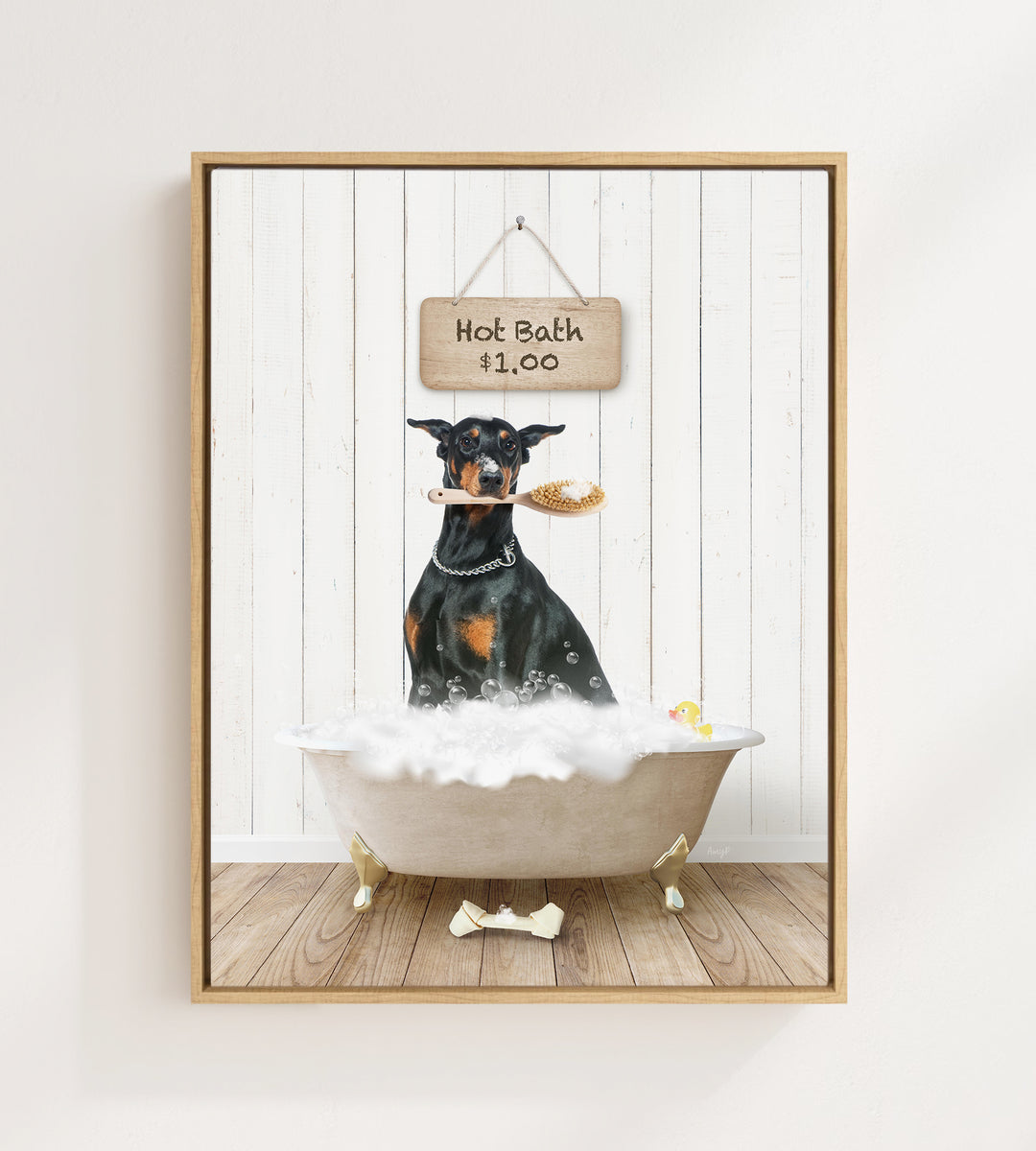 A black and brown dog is sitting in a white bathtub filled with bubbles, with a sign above the tub that reads "Hot Bath $1.00".