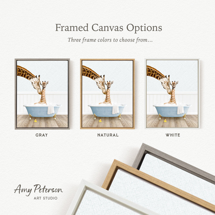 The image is a framed canvas option featuring three different colored frames, each containing a painting of a giraffe in a bathtub.