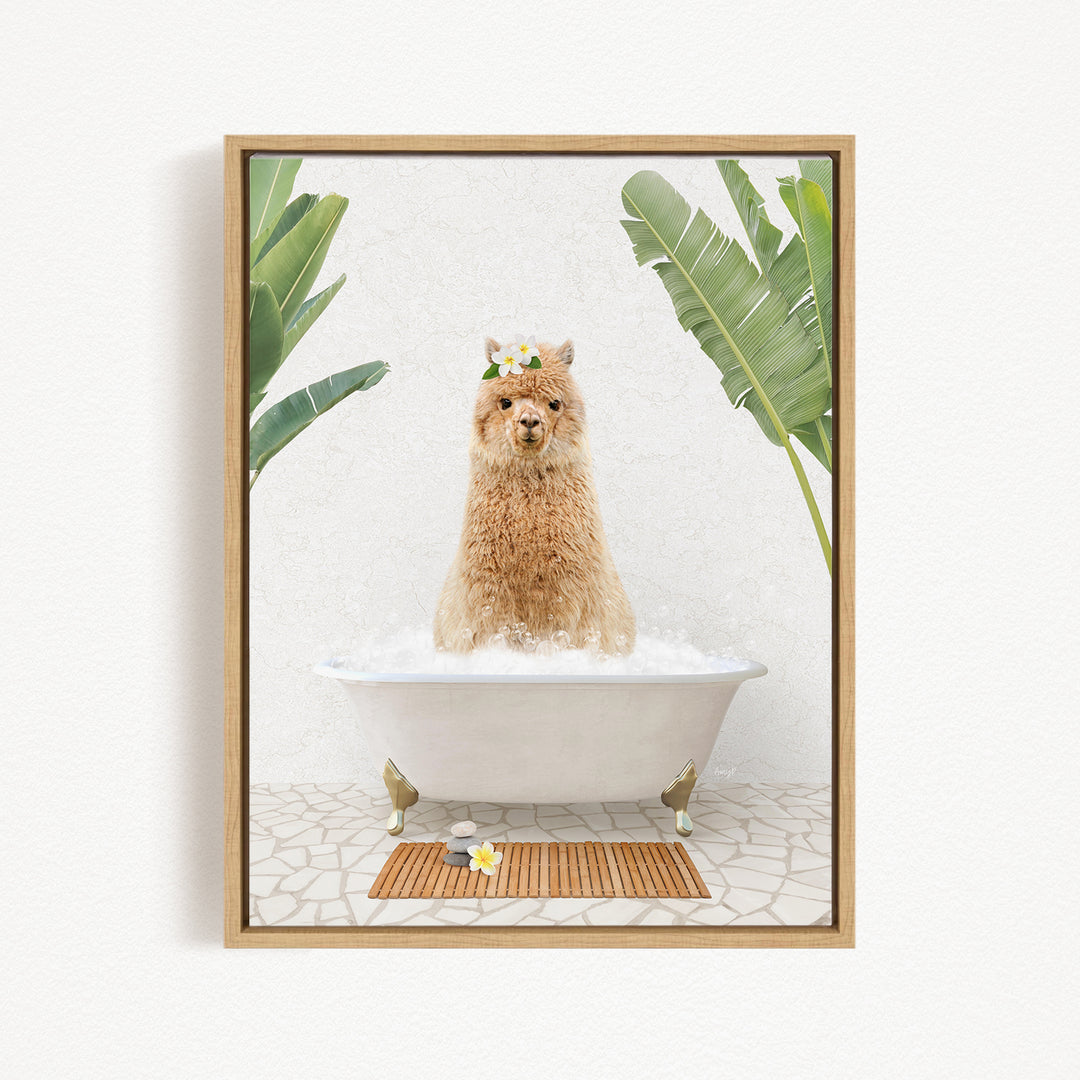 A fluffy brown dog is sitting in a white bathtub filled with bubbles, surrounded by tropical plants and a wooden mat on the floor.