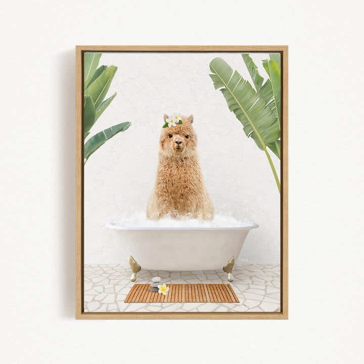 A fluffy brown dog is sitting in a white bathtub filled with bubbles, surrounded by tropical plants and a wooden mat on the floor.