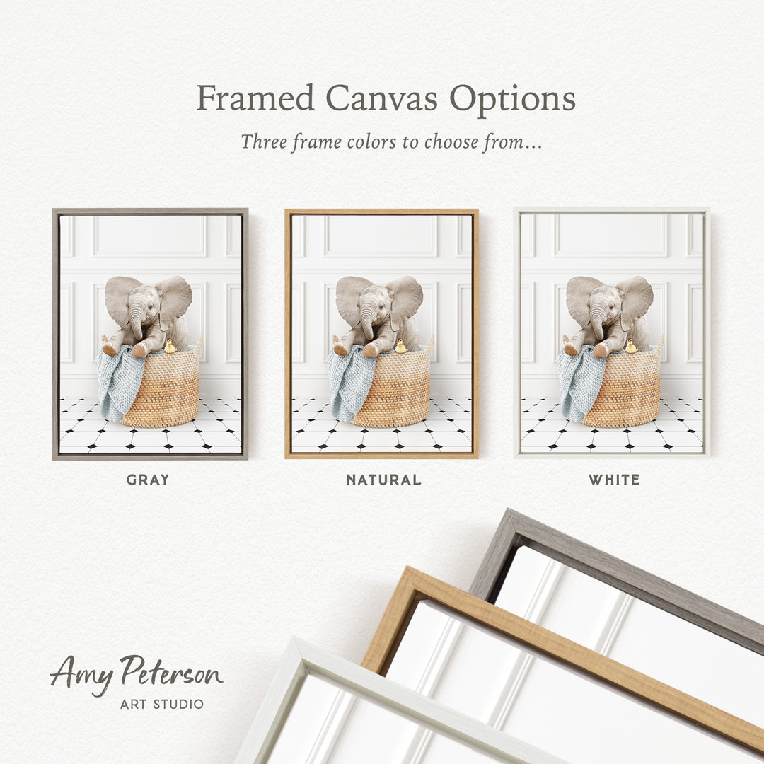 three framed canvas options, each featuring a small elephant in a basket. The options include a gray, a natural, and a white frame.